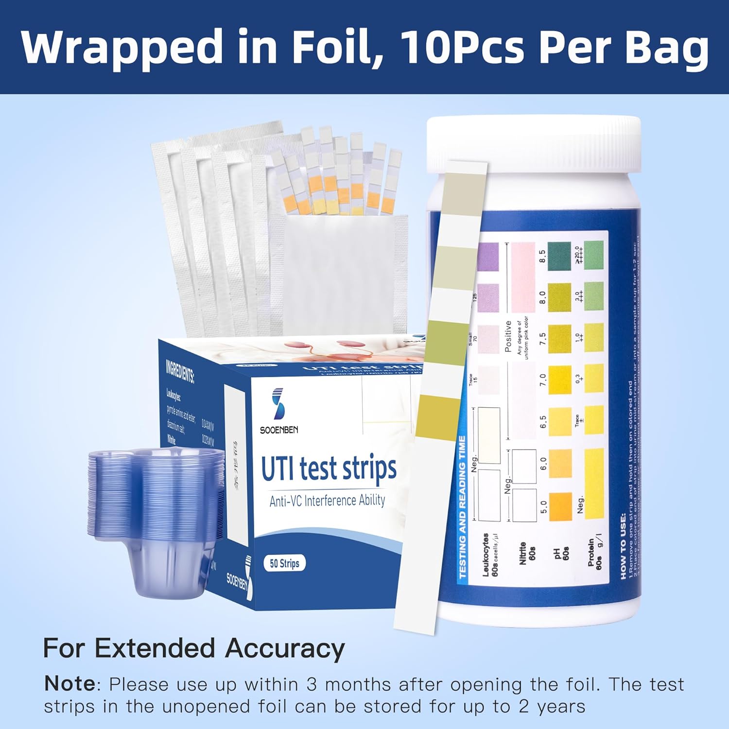 4-in-1 UTI Test Strips, 50ct Full Panel Urinary Tract Infection Test Kit at Home for Women Men Kids, Urinalysis Leukocytes, Nitrites, PH, Protein Urine Strip for UTI and Bladder, 50 Strips 50 Cups